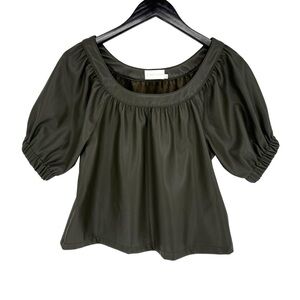 Christy Lynn Faux Leather Short Puff Sleeve Round Neck Blouse Clay Green XS